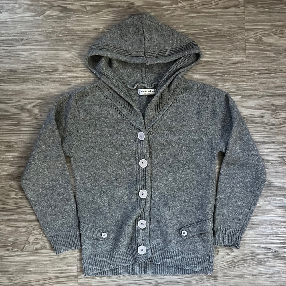 Christian Dior Boutique Grey Hooded Button Cardigan Sweater Pointelle Detail
